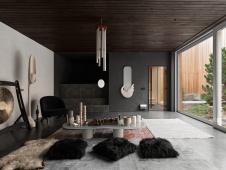 Фото интерьера зоны отдыха деревянного дома в скандинавском стиле