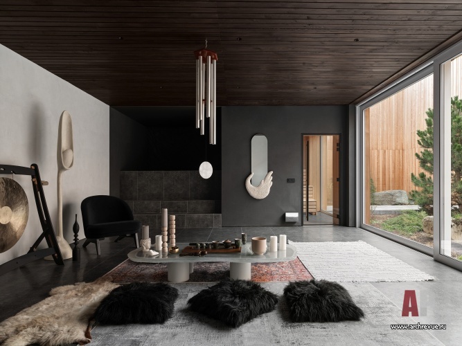 Фото интерьера зоны отдыха деревянного дома в скандинавском стиле
