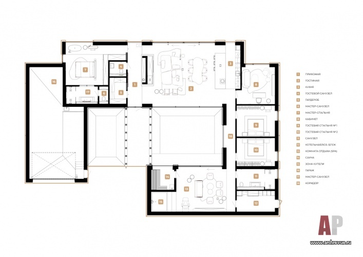 Планировка 1-этажного деревянного дома с внутренним атриумом.