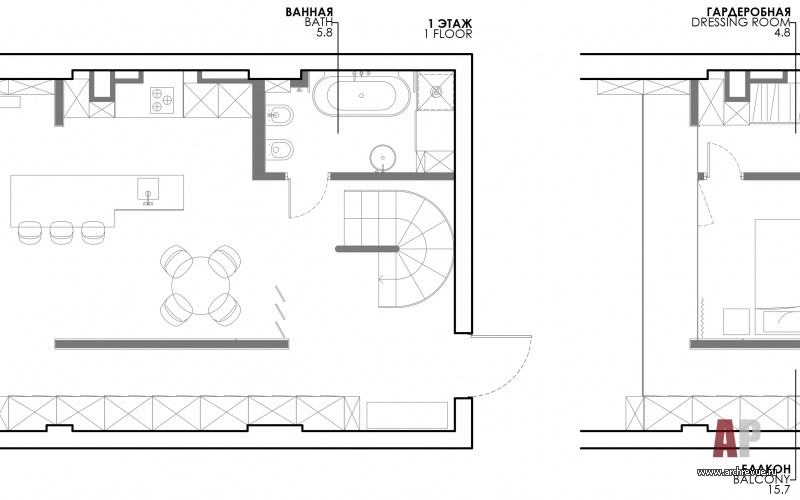 Планировка 1 и 2 этажей 2-х этажной квартиры-студии, 113 кв. м.