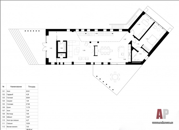План первого этажа двухэтажного дома с авторской архитектурой. Общая площадь - 620 кв. м.