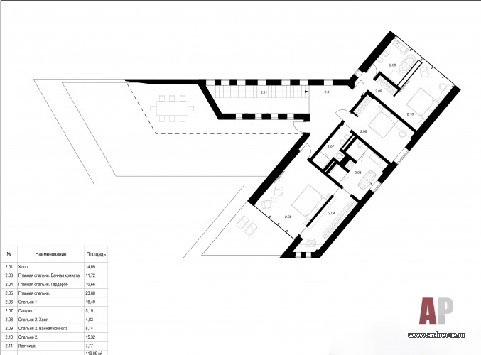 План второго этажа двухэтажного дома с авторской архитектурой. Общая площадь - 620 кв. м.