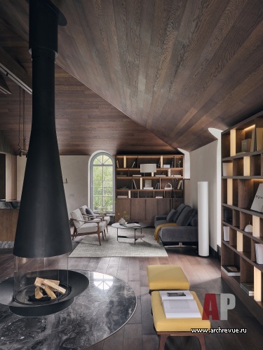 Фото интерьера каминной квартиры в стиле шале 