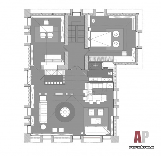 Планировка апартаментов в мансарде. Общая площадь – 145 кв. м.