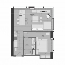 План однокомнатной квартиры на57 этаже высотки Capital Towers.