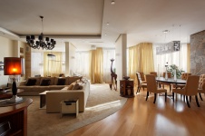 Фото интерьера гостиной трехуровневого пентхауса в современном стиле