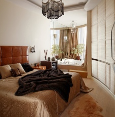 Фото интерьера спальни трехуровневого пентхауса в современном стиле
