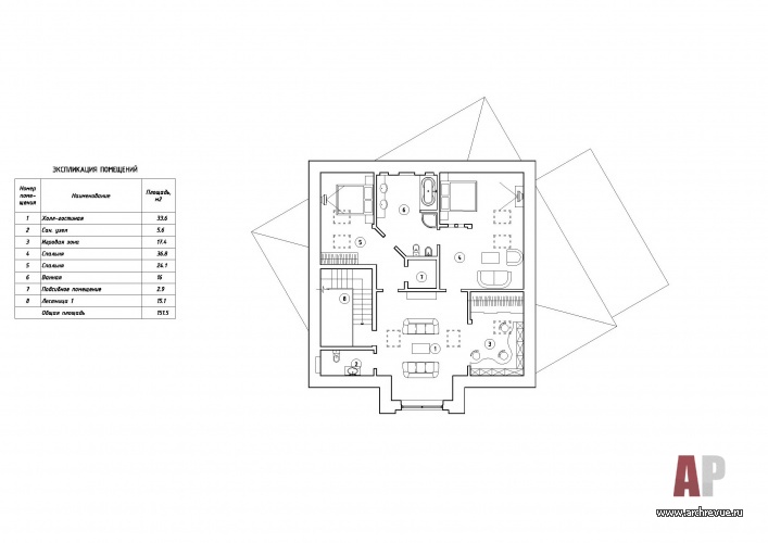 Планировка мансарды 3-х этажного дома в стиле канти.