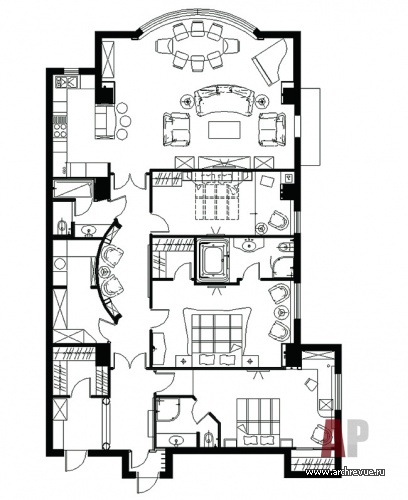 Планировка 4-х комнатной квартиры в парадной классике.