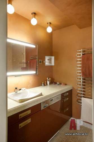 Фото интерьера санузла квартиры в стиле фьюжн с предметами искусства