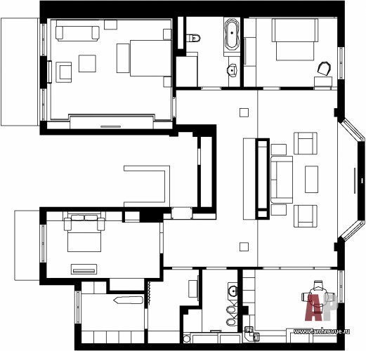 Планировка 4-х комнатной квартиры в классическом стиле.