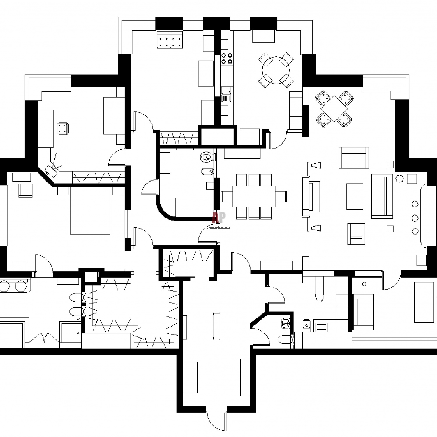 Планировка семейной квартиры 261 кв. м в стиле ар-деко.