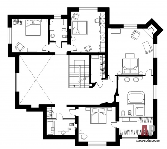 Поэтажный план 3-х этажного дома 560 кв. м. Второй этаж.