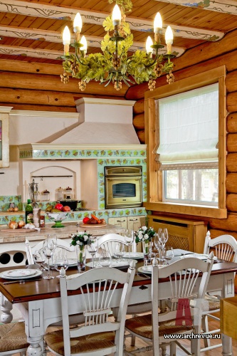 Фото интерьера кухни деревянного дома в стиле фьюжн