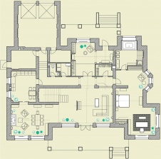 Планировка 1 этажа 3-х этажного коттеджа в английском стиле.