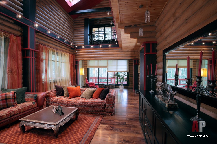 Фото интерьера зоны отдыха деревянного дома в стиле кантри