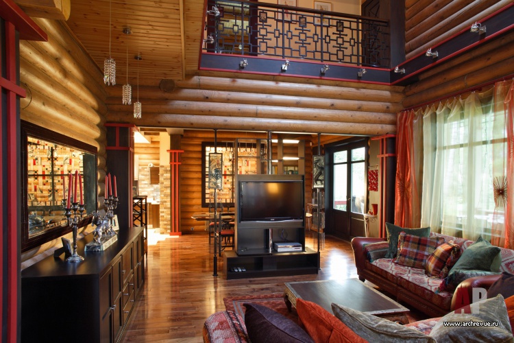 Фото интерьера домашнего кинотеатра деревянного дома в стиле кантри