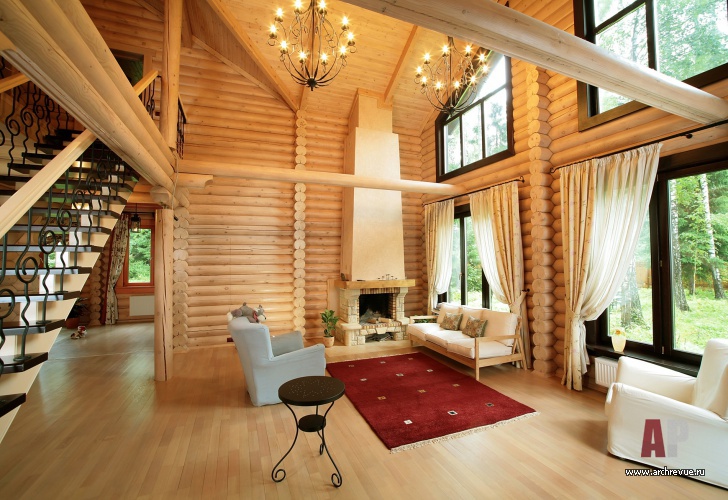 Фото интерьера гостиной деревянного дома в скандинавском стиле Фото интерьера каминной деревянного дома вскандинавском стиле
