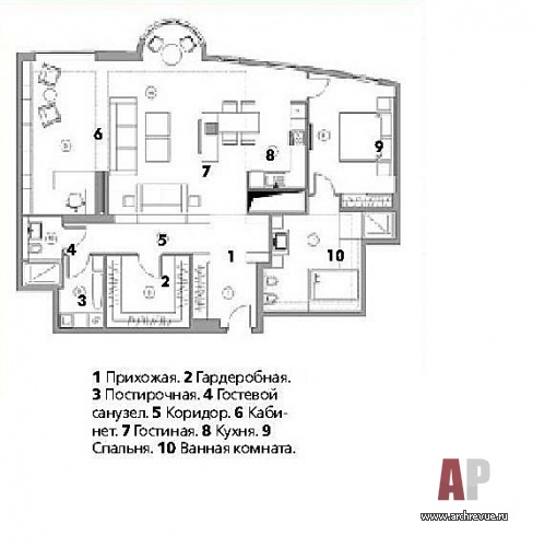 Планировка квартиры 140 кв. м. с общей кухней-гостиной для молодого человека.