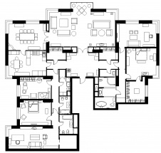 Планировка двух объеденных квартир общей площадью 420 кв. м в стиле русский модерн.